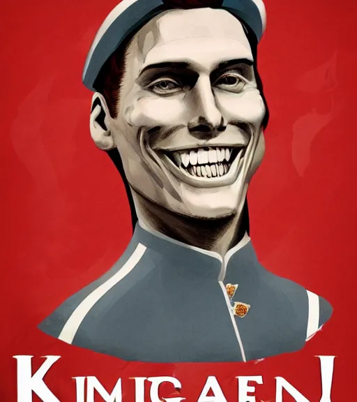 Image similar to propaganda poster smiling jerma as king of england, 8 k, trending on artstation