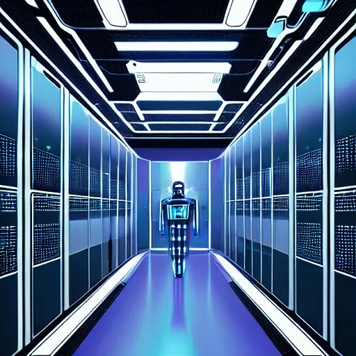 Prompt: hyperrealism stock photo of highly detailed stylish robot in futuristic sci - fi style by vincent di fate in the detailed data center by laurie greasley and mike winkelmann