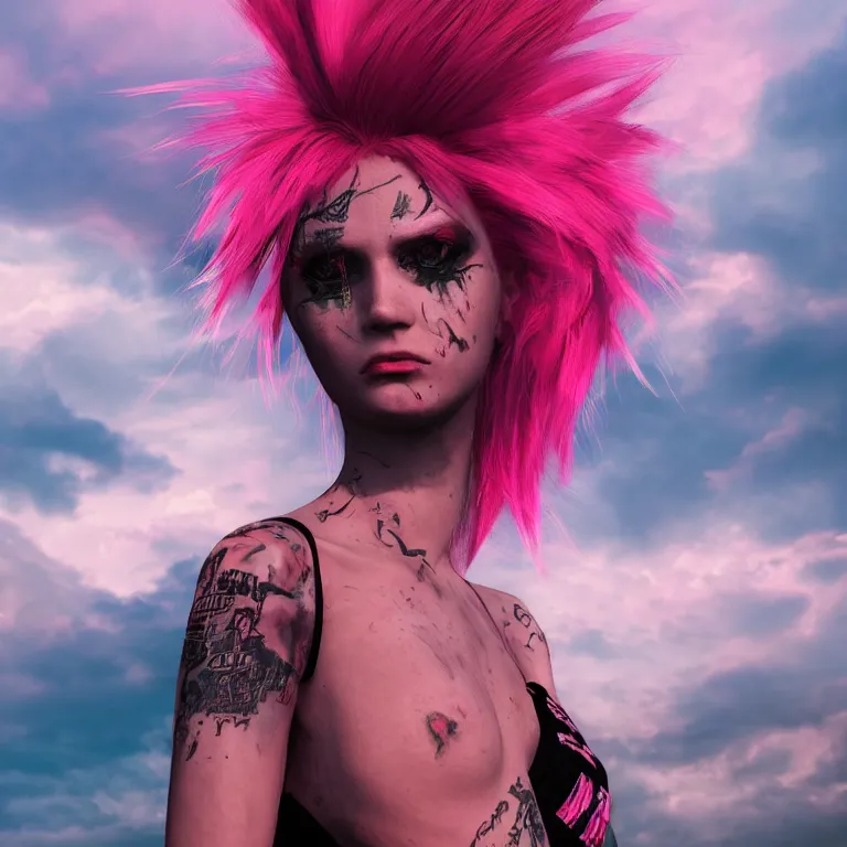 Prompt: oil painting, punk, pretty face punk back, pink, mohawks, neon, ultra detailed, contrast, clouds, sky, volumetric light, atmospheric lighting, dramatic, cinematic, moody, octane render 4 k, 8 k