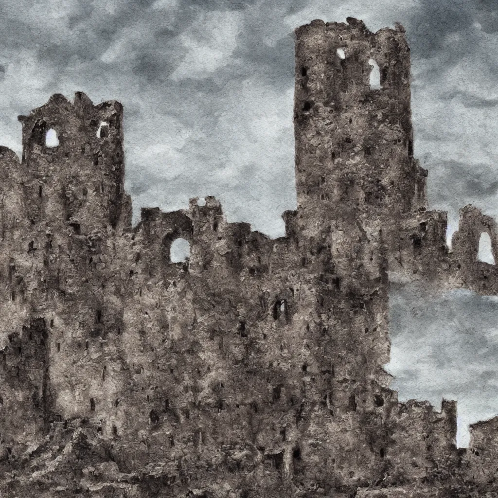 Image similar to ruins of a castle in a dry moutain with a cloudy sky, digital painting, impressinism