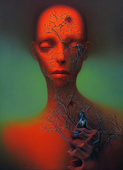 Prompt: dramatic portrait painting of woman with black mandelbrot fractal instead of face, in style of zdzisław beksinski,