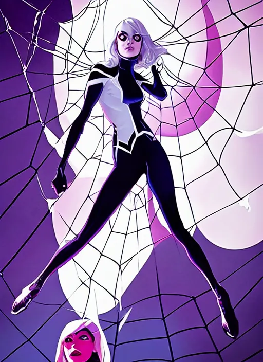 Image similar to Rafeal Albuquerque comic art, Joshua Middleton comic art, cinematics lighting, pretty female Emma Stone as Spider Gwen, Marvel comics, hanging from white web, playful smirk, symmetrical face, symmetrical eyes, full body, flying in the air, city in background