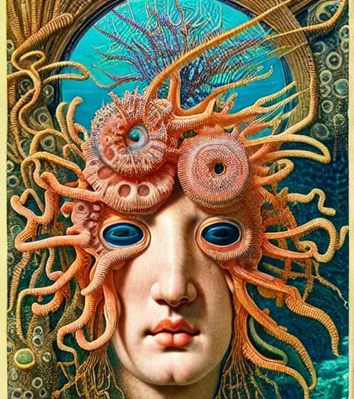 Image similar to hyperrealistic detailed underwater face portrait of the beautiful god of the fish with an intricate headgear of corals, sea kelp, sea plants, fish, starfish, jellyfish, art by ernst haeckel, james jean, john william godward, gothic, neo - gothic, ornamental, beautiful deep colours,