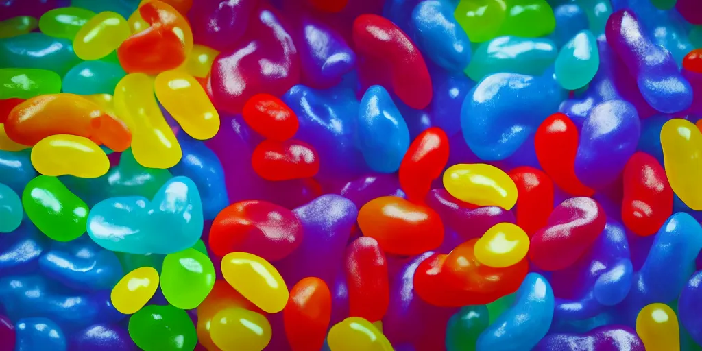 Image similar to jelly beans, rainbows, uwu, cinematic, volumetric, realistic, 3d render, Realistic Render, Cinematic lighting, Volumetric lighting, atmospheric, cinematic, unreal engine, unreal engine render, octane render, HD, photorealism, hyper realistic, photo, 8K, in the style of Chris Cunnigham, by Wes Anderson