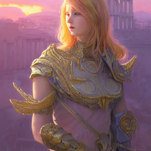 Image similar to portrait knights of Zodiac girl, metalic pink and pastel purple reflected armor, in ruined Agora of Athens sunrise, ssci-fi, fantasy, intricate, very very beautiful, elegant, golden light, highly detailed, digital painting, artstation, concept art, smooth, sharp focus, illustration, art by tian zi and WLOP and alphonse mucha