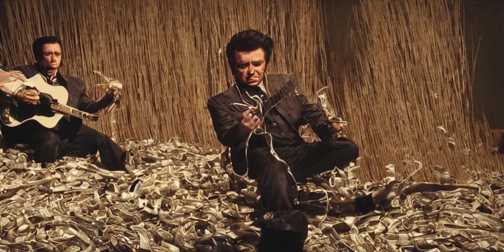 Image similar to Johnny Cash croons snake guitar amidst reels of tape, newspaper clippings and sheathes of wheat, still from the unreleased movie UNLESS YOU HATE BULL RUNS directed by Federico Fellini, hyperreal lifelike cinematography with purple and green atmospheric light and shadow, 35mm film, rendered in octane with snakeoil subsurface scattering