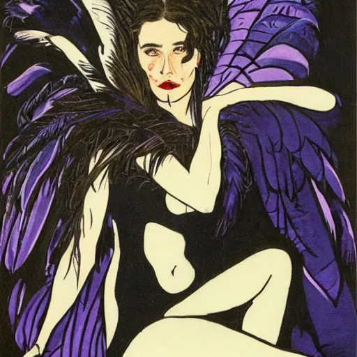 Prompt: young jennifer connelly as odile, gothic dark fae disney villain with black feathers instead of hair, wearing black and purple jumpsuit, zero g, reading a book, feathers growing out of skin, pulp sci fi, mike mignola, david mack, romantic, comic book cover, vivid, beautiful, illustration, highly detailed, oil painting