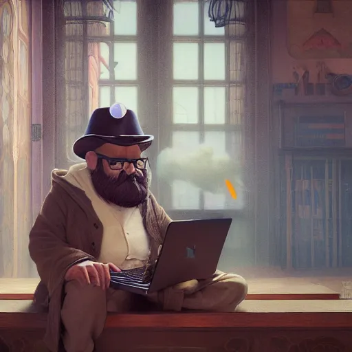 Image similar to young gnome - like man, oversized brown beard and mustache, macbook on his lap, wispy smoke, surreal, art nouveau, photorealistic, octane render, unreal engine, mucha, magritte, artgerm, greg rutkowski, trending on artstation, super detailed, 8 k, control the soul