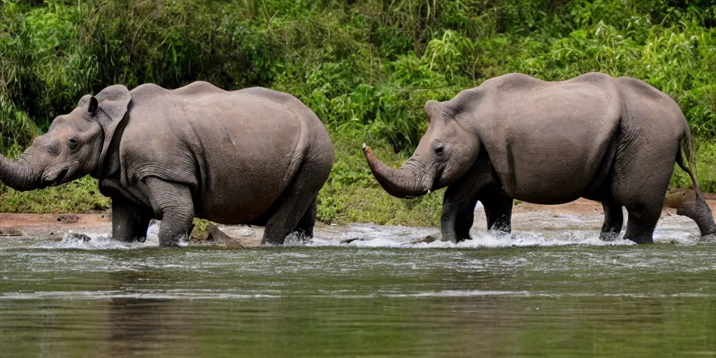 Image similar to a hippo with a rhino's horn and an elephant's trunk, in a river in the jungle, extremely high fidelity, natural lighting