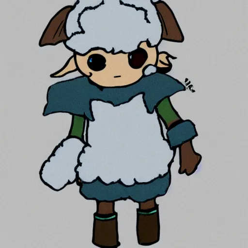 Prompt: little boy wearing sheep suit. white, gray, blue, green and brown pallet color. made in abyss art style, inspired in chris from deltarrune, high details