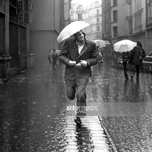 Prompt: the man leaping with an umbrella in a raining paris street, by henri cartier bresson,