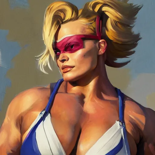 Image similar to greg manchess portrait of margot robbie as thick female bodybuilder zarya from overwatch in disco elysium, epic grimdark, fantasy, medium shot, asymmetrical, profile picture, organic painting, sunny day, matte painting, bold shapes, hard edges, street art, trending on artstation, by huang guangjian and gil elvgren and sachin teng