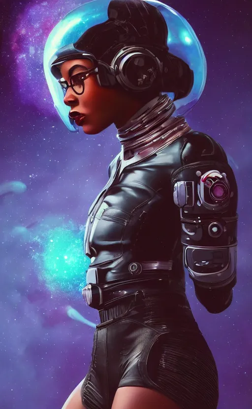 Image similar to beautiful black female cyberpunk astronaut in a 1 9 5 0's pinup art, cinematic composition, award winning art, octane render, exploding nebulae, outer space, artwork by norman rockwell