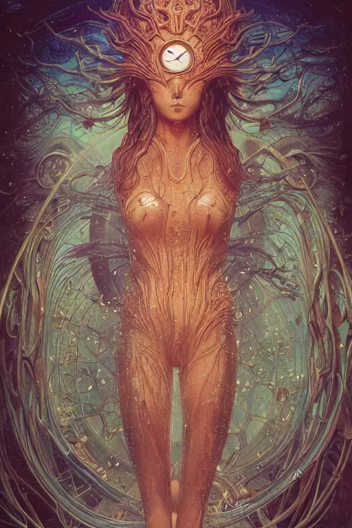 Image similar to swimming through time, inter dimensional clockwork, metaphysical implosion, by artgerm and yoshitaka amano and moebius and hr giger and zdislaw beksinski and alphonse mucha, hyperdetailed, symmetry, glamour, surreal, dc comics, ornate, stunning, nebula, explosions in the sky, trending on artstation