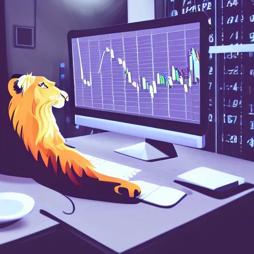 Image similar to Lion using computer, trading stocks, candle stick chart on screen, digital art, realistic, trending on artstation