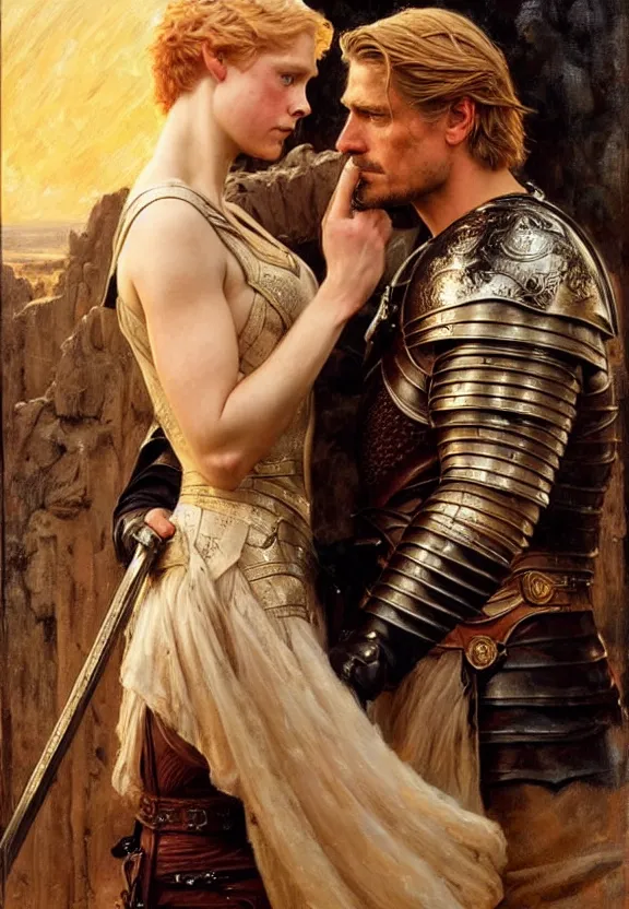 Image similar to attractive handsome fully clothed jaime lannister confesses his love for attractive fully armored brienne of tarth. wow! romance!! highly detailed painting by gaston bussiere and j. c. leyendecker 8 k