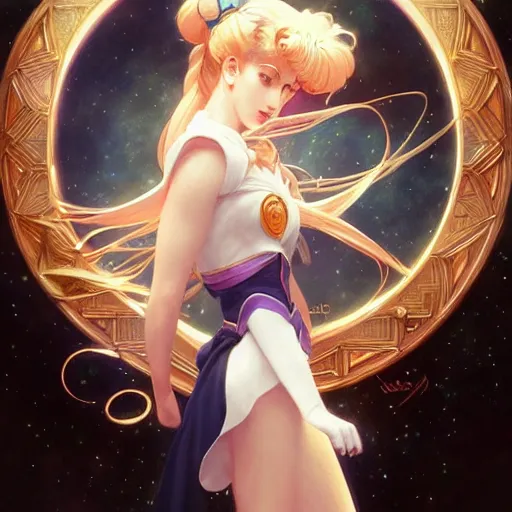 Image similar to Sailor Moon, fantasy, intricate, elegant, highly detailed, digital painting, artstation, concept art, matte, sharp focus, illustration, art by Artgerm and Greg Rutkowski and Alphonse Mucha