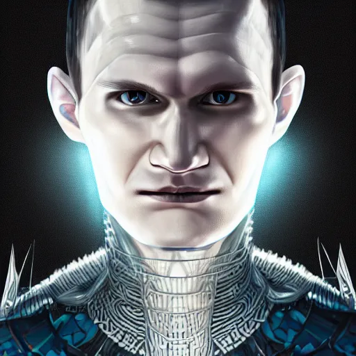 Prompt: a portrait of a evil vitalik buterin in glass armor releasing spell, full height, moving forward, concept art, trending on artstation, highly detailed, intricate, sharp focus, digital art, 8 k