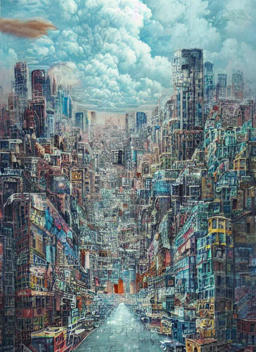 Image similar to a beautiful painting by oliver vernon of a glitched city behind clouds, realistic colors