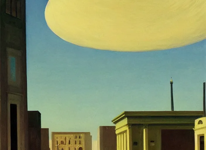 Image similar to old baghdad, clouds, bird, open ceiling, strange foreign objects, oil painting by edward hopper, chirico and rene magritte