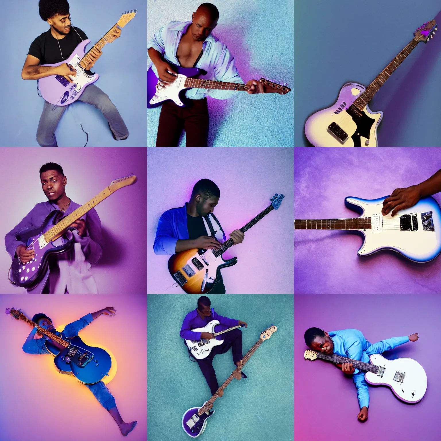 Prompt: aerial photograph of a man with brown skin and blue hair playing a white electric guitar laying in periwinkle light purple water, top down film photograph