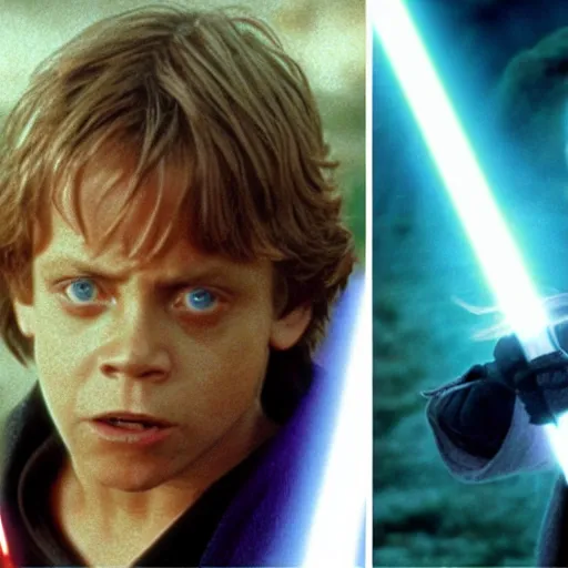 Prompt: A still of Mark Hamill as Jedi Master Luke Skywalker on the right and a young Jedi student on the left, in a Star Wars Sequel, 1990, Directed by Steven Spielberg, 35mm