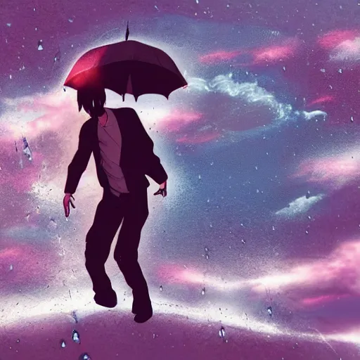 Image similar to man hitting the ground creating a explosion, anime, album cover, rain