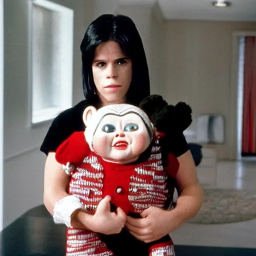 Prompt: Neve Campbell holding Chucky the killer doll