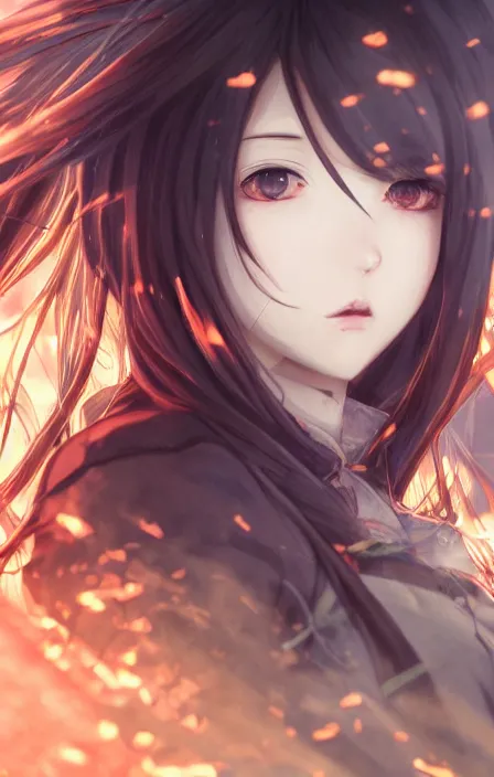 Prompt: infantry girl, anime style, long hair, hair down, symmetrical facial features, from girls frontline, hyper realistic, pale skin, 4 k, rule of thirds, extreme detail, detailed drawing, trending artstation, hd, smoke explosion, trading card, by alphonse mucha, greg rutkowski, sharp focus, backlit