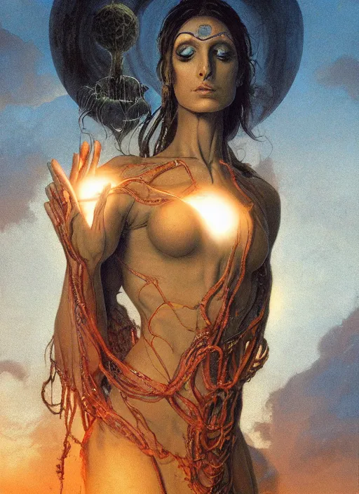 Prompt: biblical beautiful female druid android, shiva, glowing veins, in clouds, sunset, portrait by wayne barlowe, by peter elson, muted colors, by frank frazetta, extreme detail, reflections, trending on artstation, 8 k