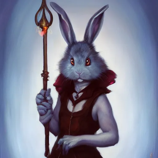 Prompt: oil painting of a rabbit dressed like a female magician holding a magic wand, urban fantasy art by seb mckinnon, artstation npc character design, top - rated