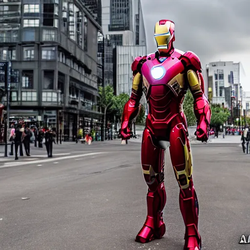 Prompt: ironman spotted in the city, tmz, sony a 7 r iv, symmetric balance, polarizing filter, photolab, lightroom, 4 k, dolby vision, photography award