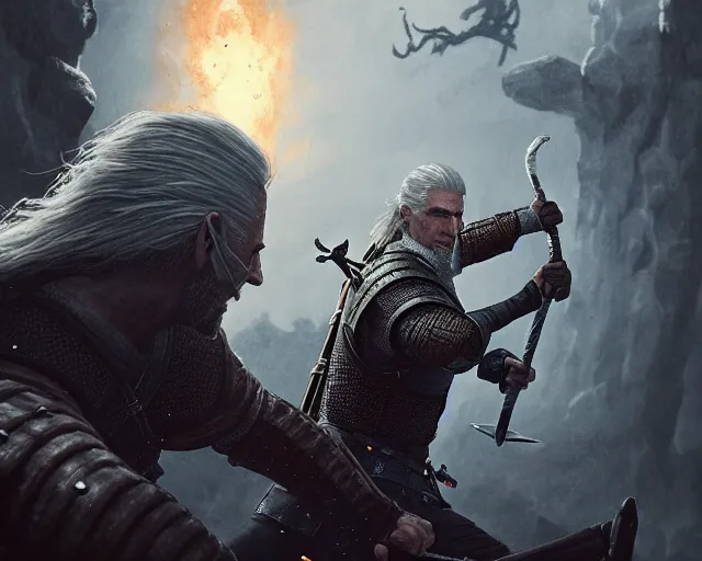 Image similar to 5 5 mm portrait photo of geralt fighting a 5 headed hydra. magical atmosphere. art by greg rutkowski. highly detailed 8 k. intricate. lifelike. soft light. nikon d 8 5 0.