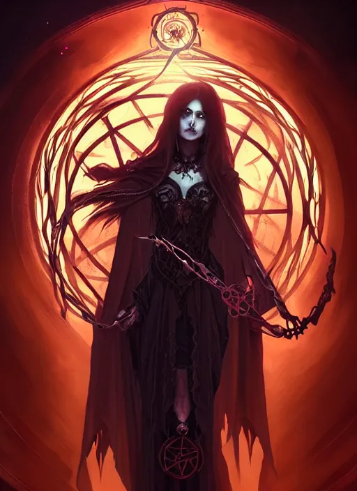 Image similar to Necromancer Sorceress goddess of death, fantasy pentagram magic, undercut hairstyle, dark light night, intricate, elegant, sharp focus, illustration, highly detailed, digital painting, concept art, matte, art by WLOP and Artgerm and Greg Rutkowski and Alphonse Mucha, masterpiece