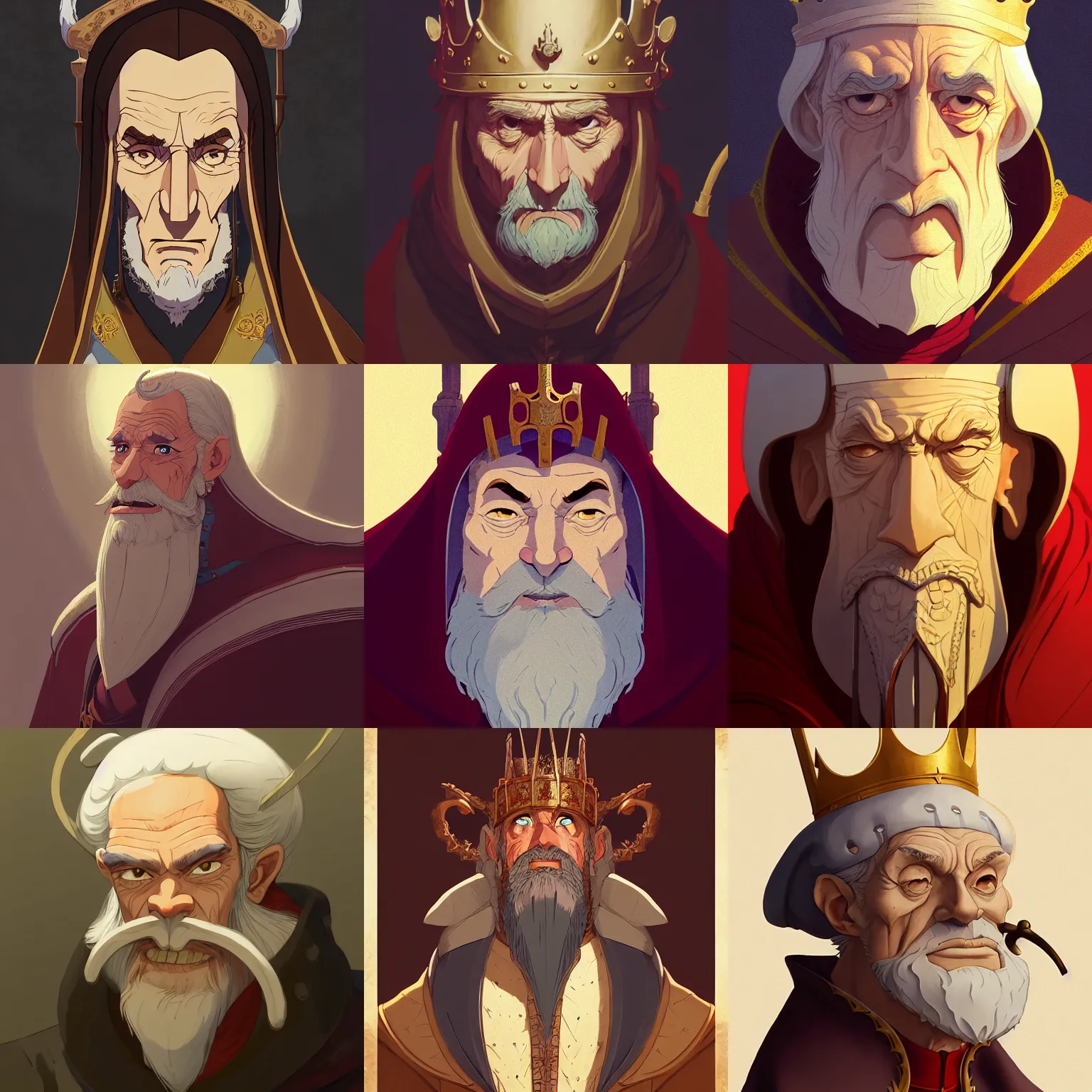 Prompt: portrait of medieval old king, artstation, cartoon, elegant highly detailed digital painting, concept art, smooth, sharp focus, makoto shinkai, don bluth, fujita goro, moebius jean giraud, tom whalen, michel ocelot, atey ghailan, akihiko yoshida, fadeev