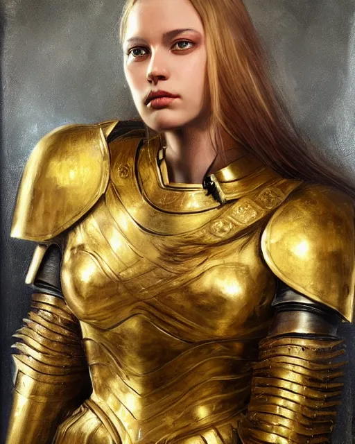 Prompt: beautiful female warrior, half body portrait, long flowing hair, heavy gold armour, realistic oil painting by boris valejo