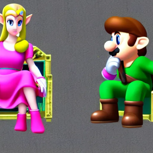 Image similar to princess zelda is talking sitting next to mario bross