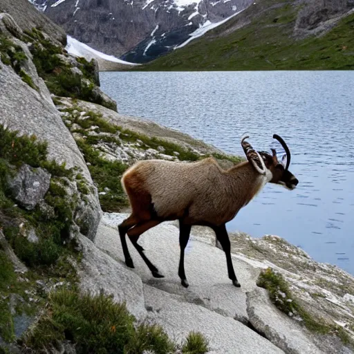 Prompt: ibex eating edelweiss on a mountain lake