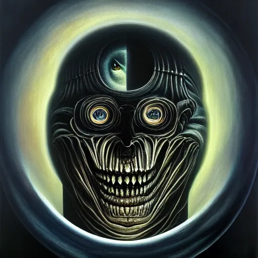 Image similar to peer into the depths of the endless cosmic void, shine a light on your darkest terror. hr giger, oil on canvas, photographic hyperrealism
