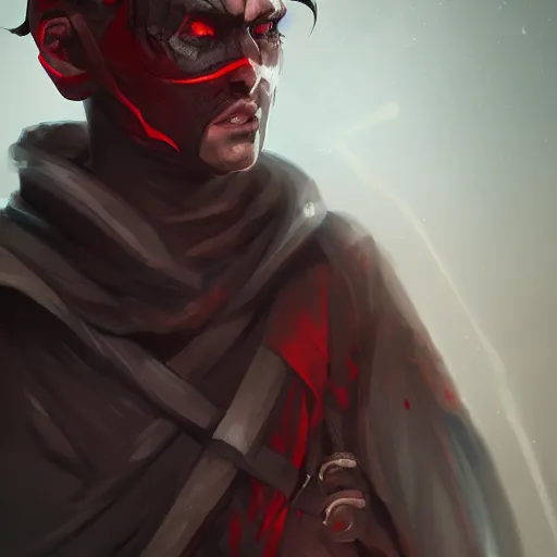 Image similar to portrait of a male dnd rogue, covered face, red eyes, upper half portrait, digital painting, artstation, concept art, smooth, sharp focus, illustration 8 k