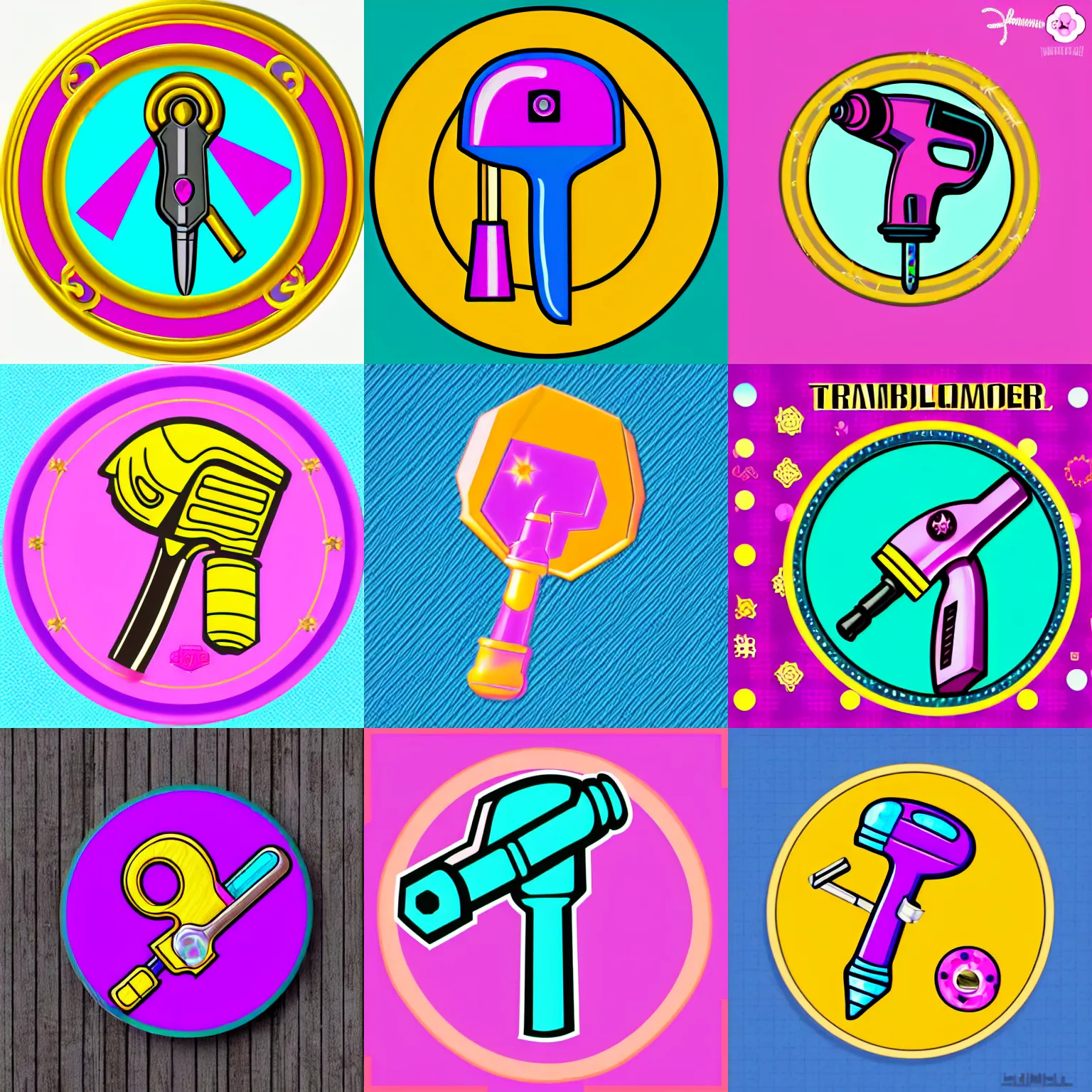 Prompt: 🔨 proletarian girly hammer tool icon designed by lisa frank, vector graphics forum badge, svg, transparent background, cute, metal, enamel, cloissonne, vintage, guilloche, gem stones, gilt, swarovski, circular