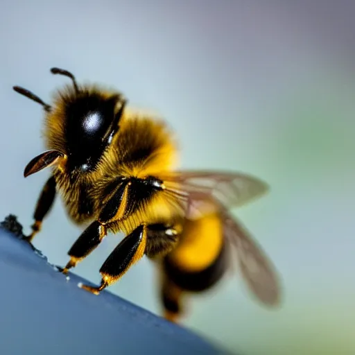 Prompt: a bee looking straight in to the camera, symmetrical, macro photography, ambient light, perfect focus