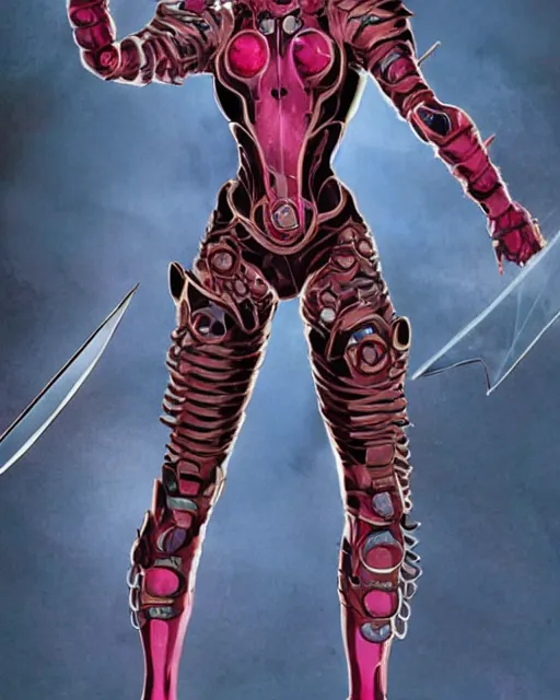 Image similar to Ruby Rose as a six armed super hero Rita Wayword, Spiral. A female super hero, wearing form fitting metal armor, has six different arms each holding a sword