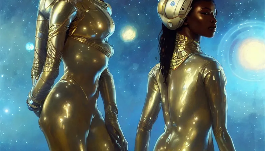 Image similar to concept art of very very very very very very beautiful african woman, futuristic spacesuit, floating in space with epic cosmos in the background, real life skin, intricate, elegant, highly detailed, artstation, concept art, smooth, sharp focus, art by artgerm and greg rutkowski and alphonse mucha