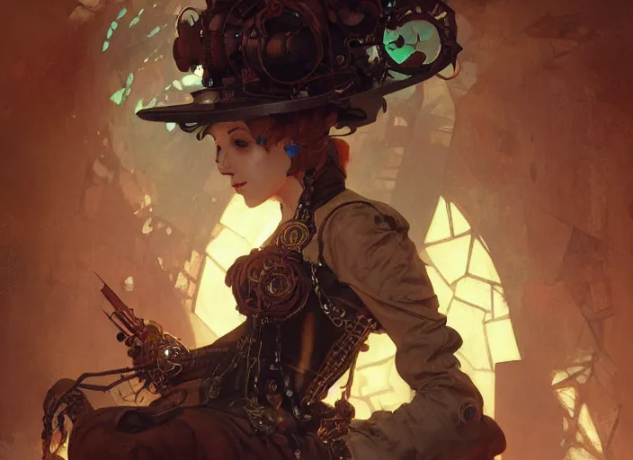 Image similar to woman model, steampunk!!! and modern, rgb, in decadent sewers, backlit, elegant, highly detailed, digital painting, artstation, concept art, smooth, sharp focus, illustration, art by krenz cushart and artem demura and alphonse mucha