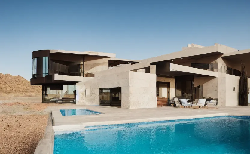 Image similar to modern house in the middle of desert, pool, professional photography