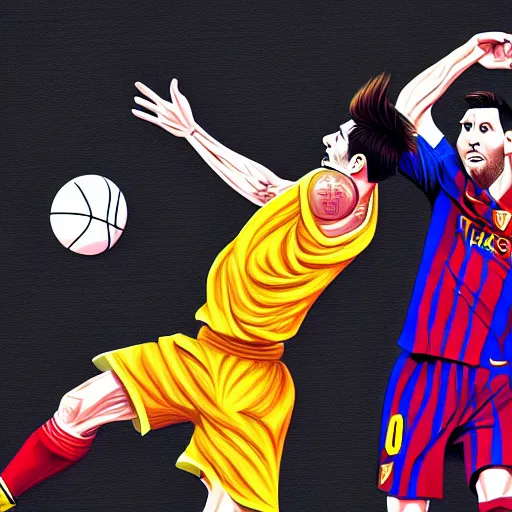 Prompt: Messi dunking on Ronaldo in basketball, D&D, fantasy, intricate, elegant, highly detailed, digital painting, artstation, concept art, matte, sharp focus, illustration