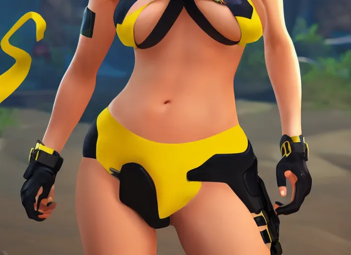 Image similar to tracer game character, in yellow bikini, blonde hair, black eyes, full height