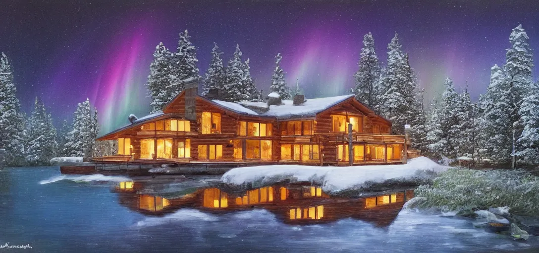 Prompt: a big cozy cabin floating in the lake, a beautiful terrace, night, rainbow aurora, light snow falling, classic painting, award winning, highly detailed