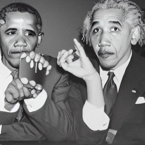 Image similar to Einstein and Obama sitting at McDonalds, ultra detailed, photorealistic, dramatic lighting